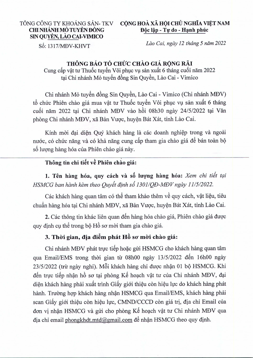 THÔNG BÁO TỔ CHỨC CHÀO GIÁ RỘNG RÃI