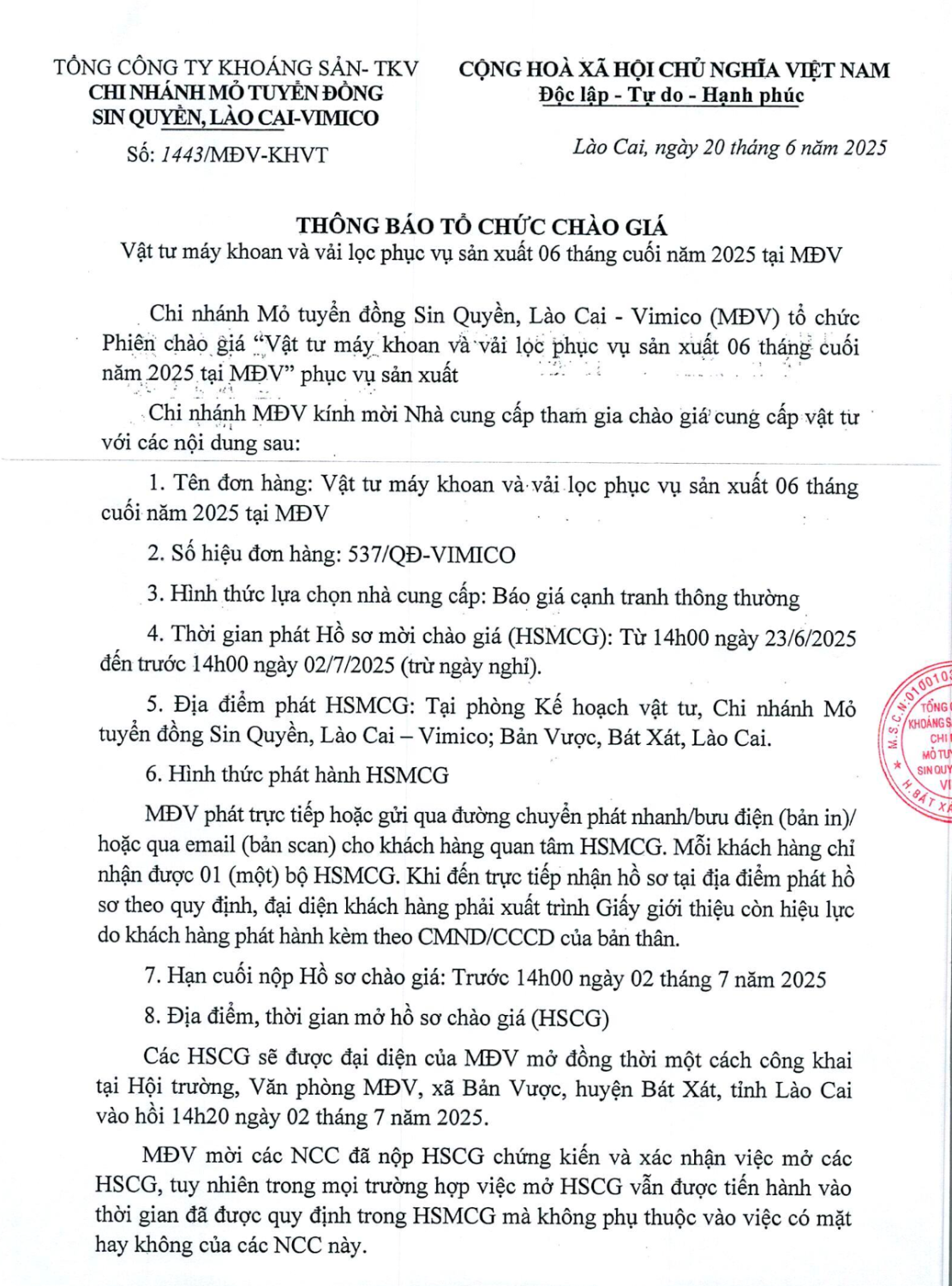 THÔNG BÁO TỔ CHỨC CHÀO GIÁ